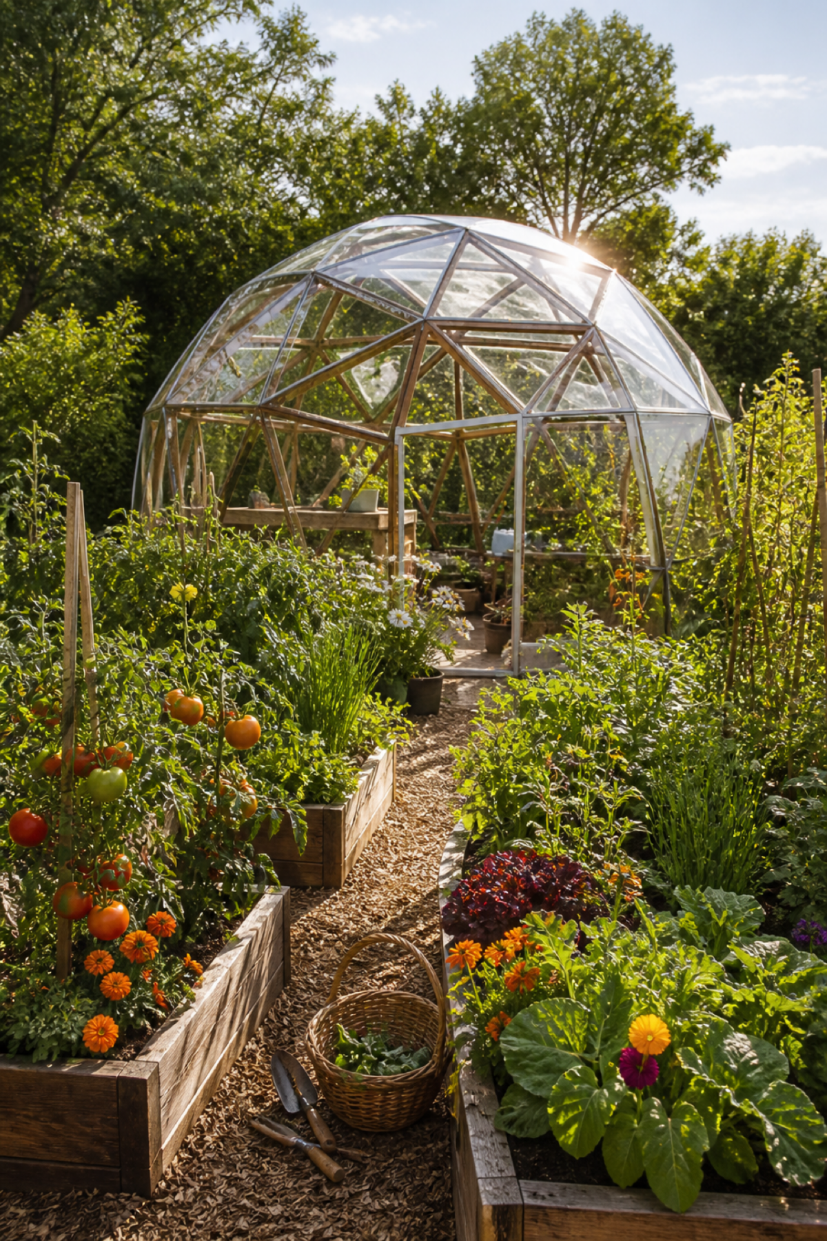 Garden igloo installé au milieu d’un potager avec des tomates, des salades et des fleurs comestibles