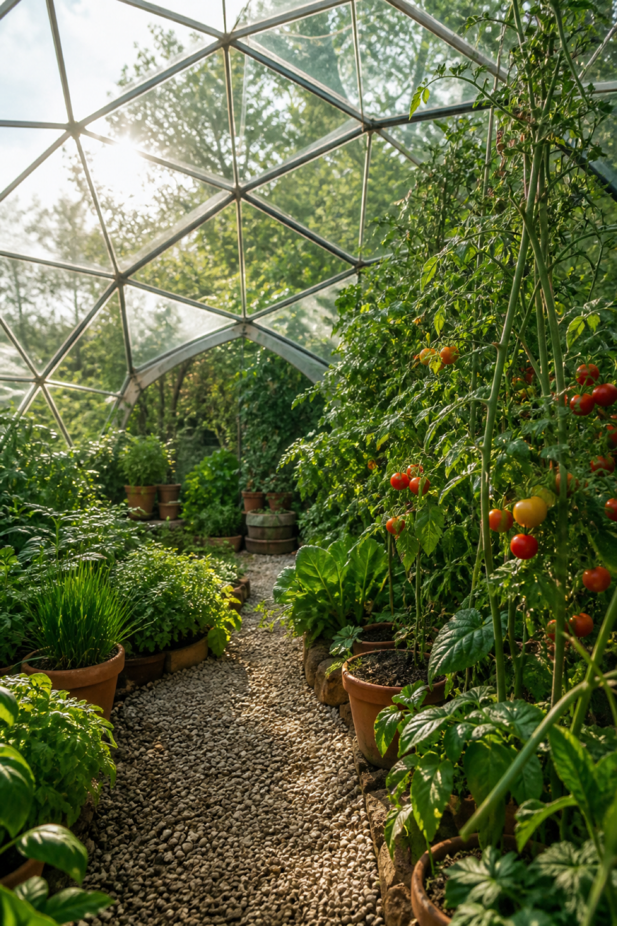 Garden igloo utilisé comme serre avec des plants de tomates, des herbes et des pots en terre cuite