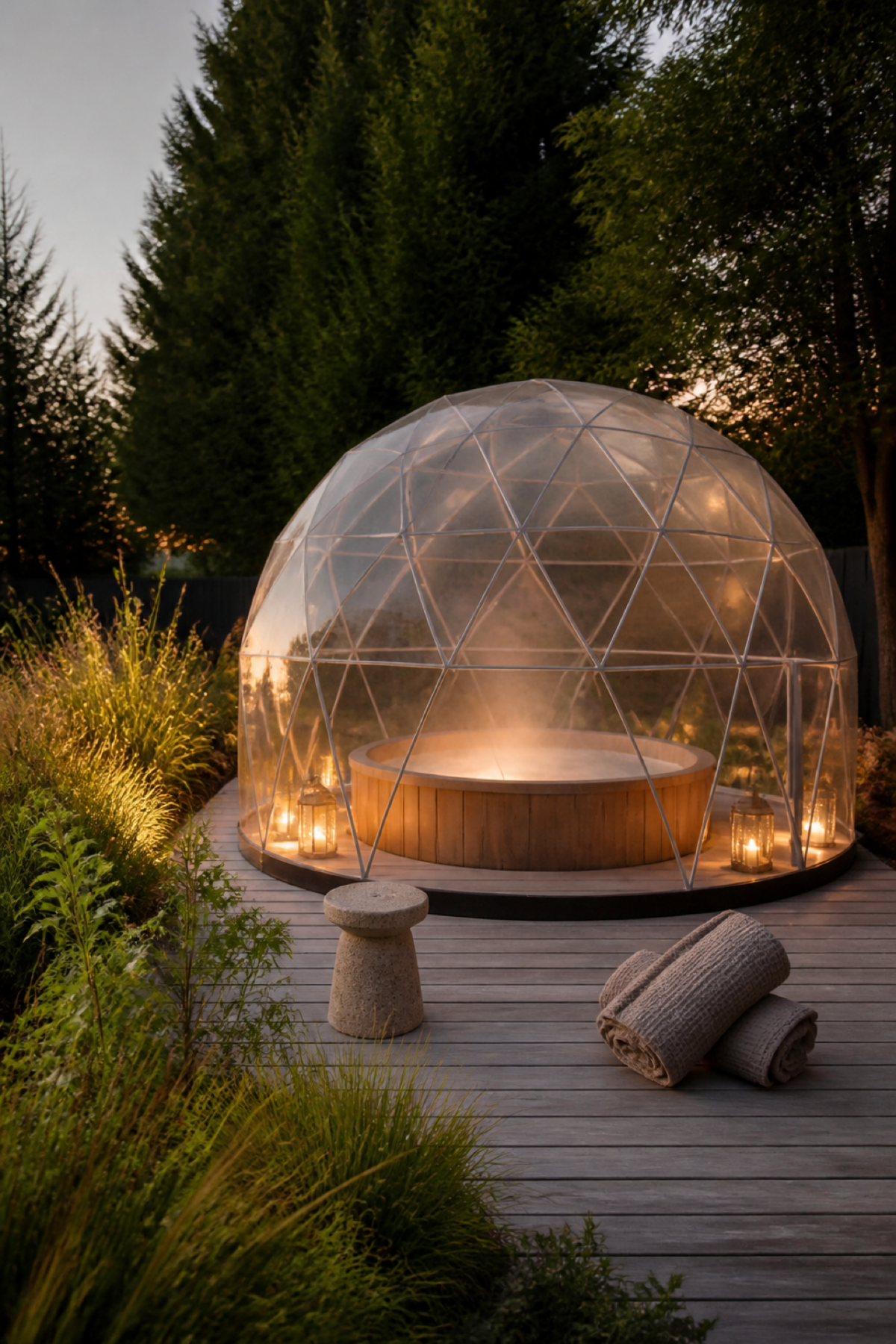 Jacuzzi installé sous un garden igloo transparent sur une terrasse végétalisée