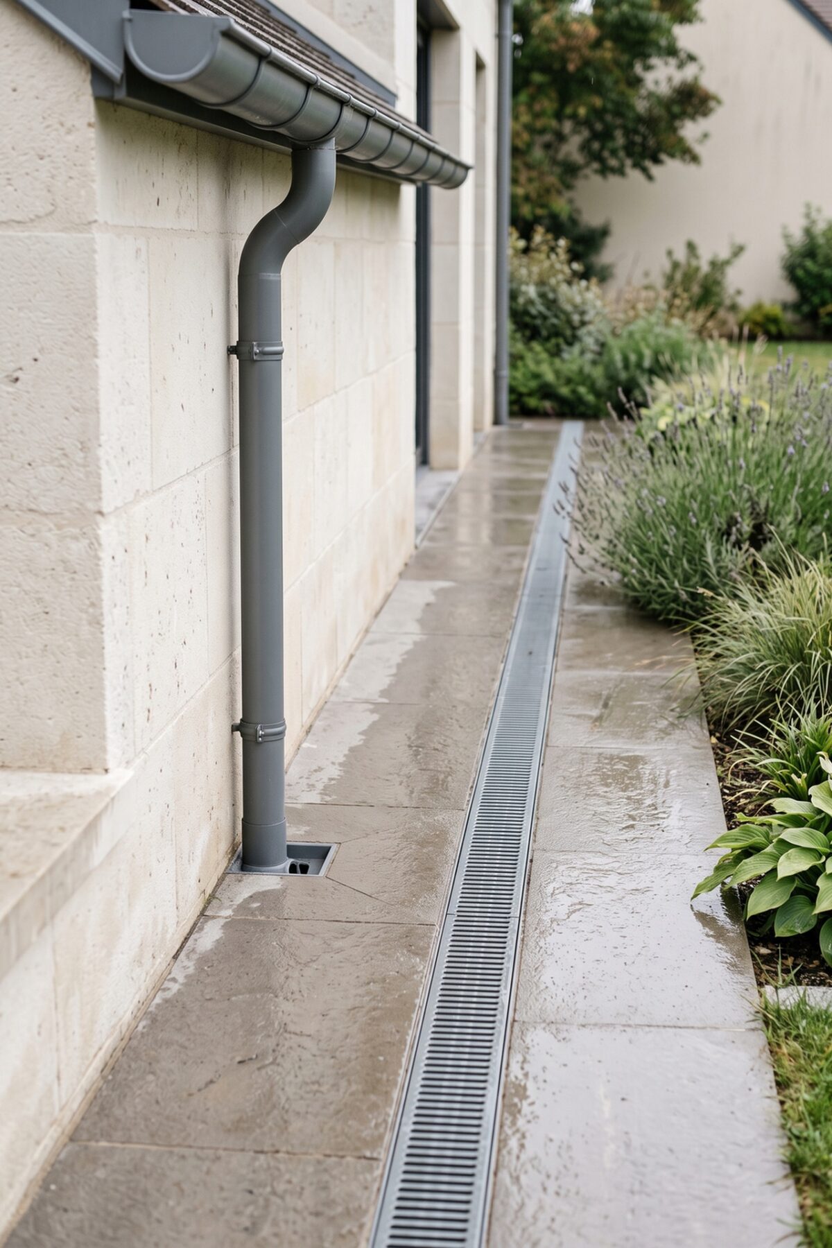 Gouttière et évacuation de l’eau au bord d’une terrasse