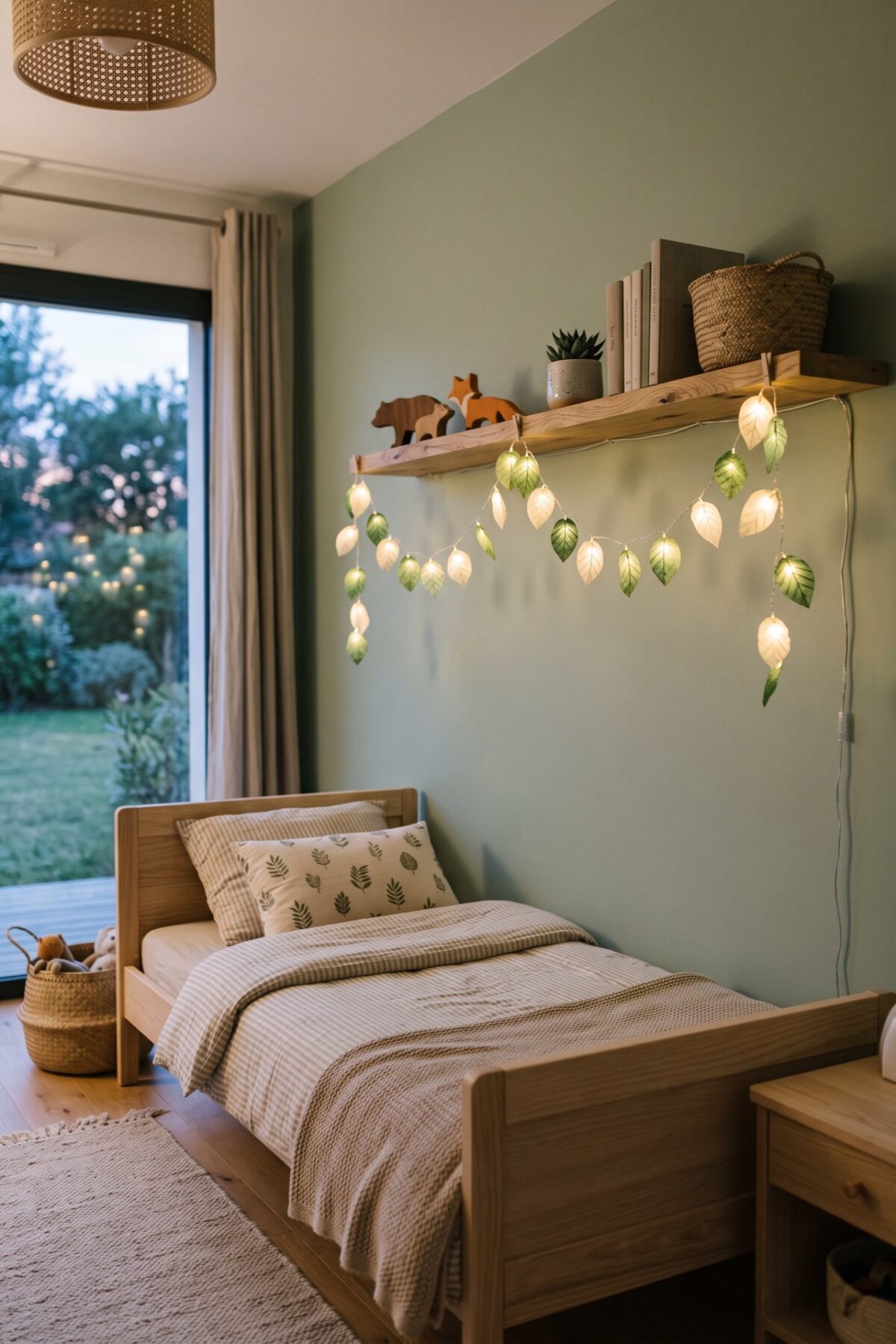 Guirlande lumineuse décorée de feuilles au-dessus d’un lit d’enfant