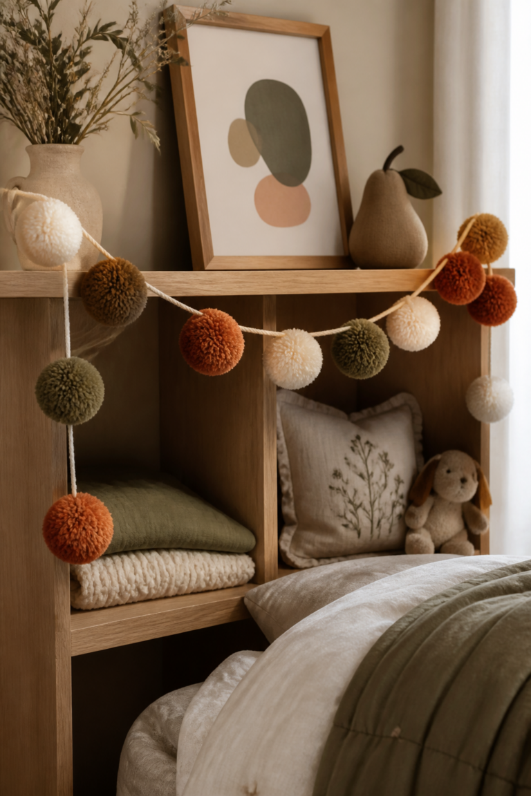Guirlande de pompons en laine crème, terracotta et vert olive décorant une étagère de chambre d’enfant