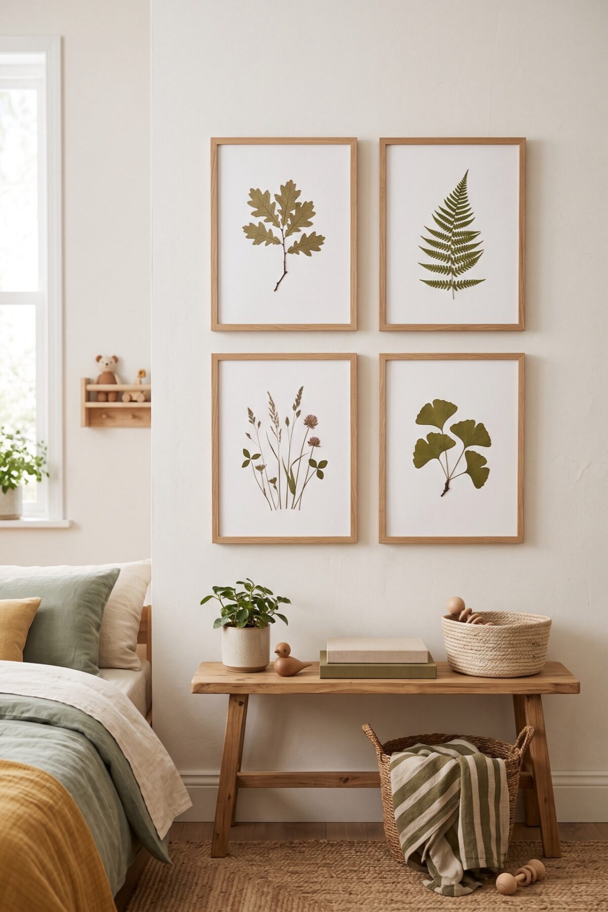 Herbier mural composé de feuilles séchées encadrées dans une chambre d’enfant