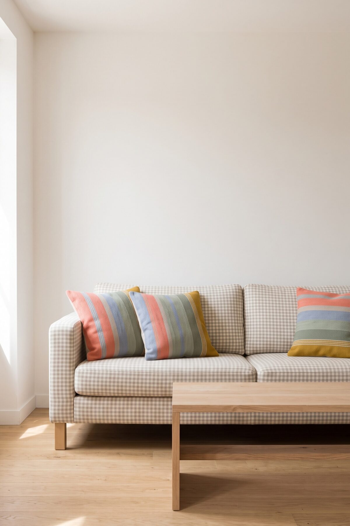 Canapé IKEA avec une housse à petits carreaux et des coussins rayés
