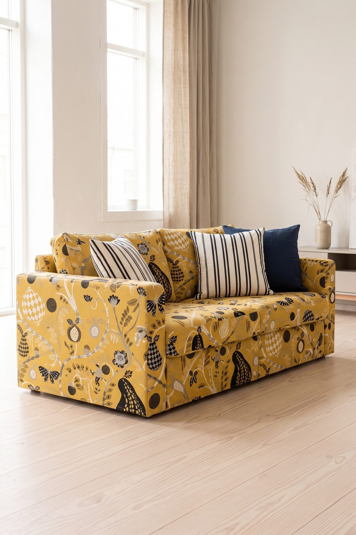 Canapé IKEA avec une housse jaune moutarde à motifs