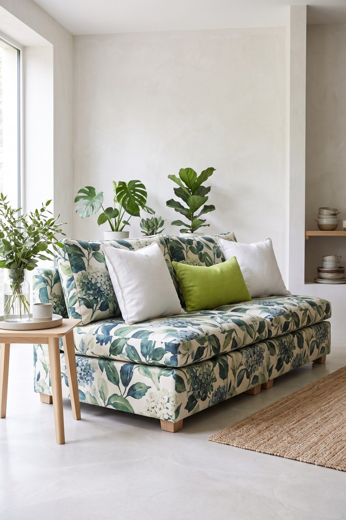 Canapé IKEA avec une housse à motif botanique vert et bleu