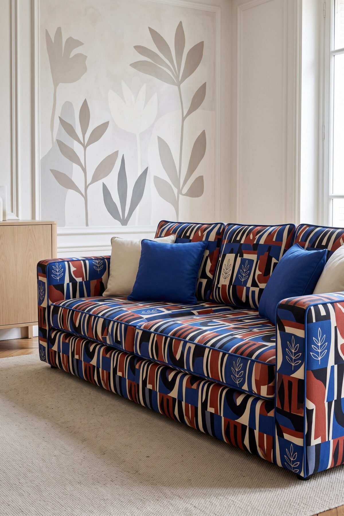 Canapé IKEA avec une housse graphique bleu rouge et crème