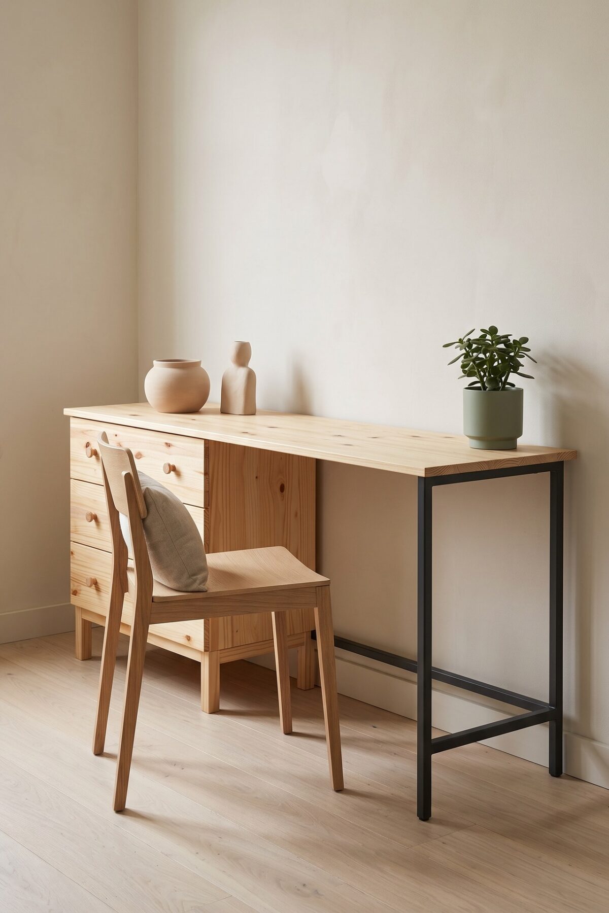 Commode Tarva IKEA transformée en bureau en bois dans un espace de travail