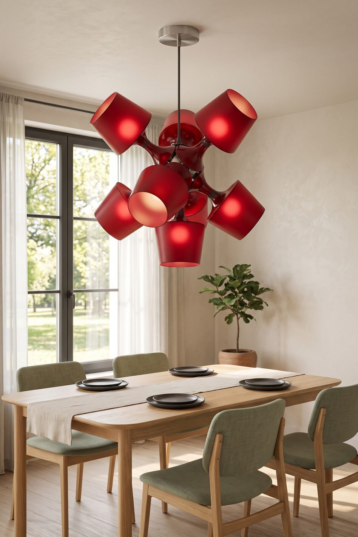 Lampe Lampan IKEA transformée en suspension rouge contemporaine