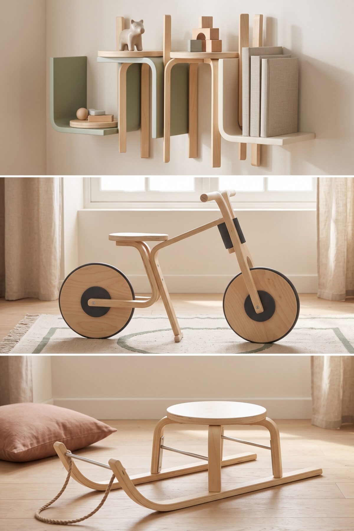 Tabouret Frosta IKEA détourné en étagère, draisienne et luge en bois