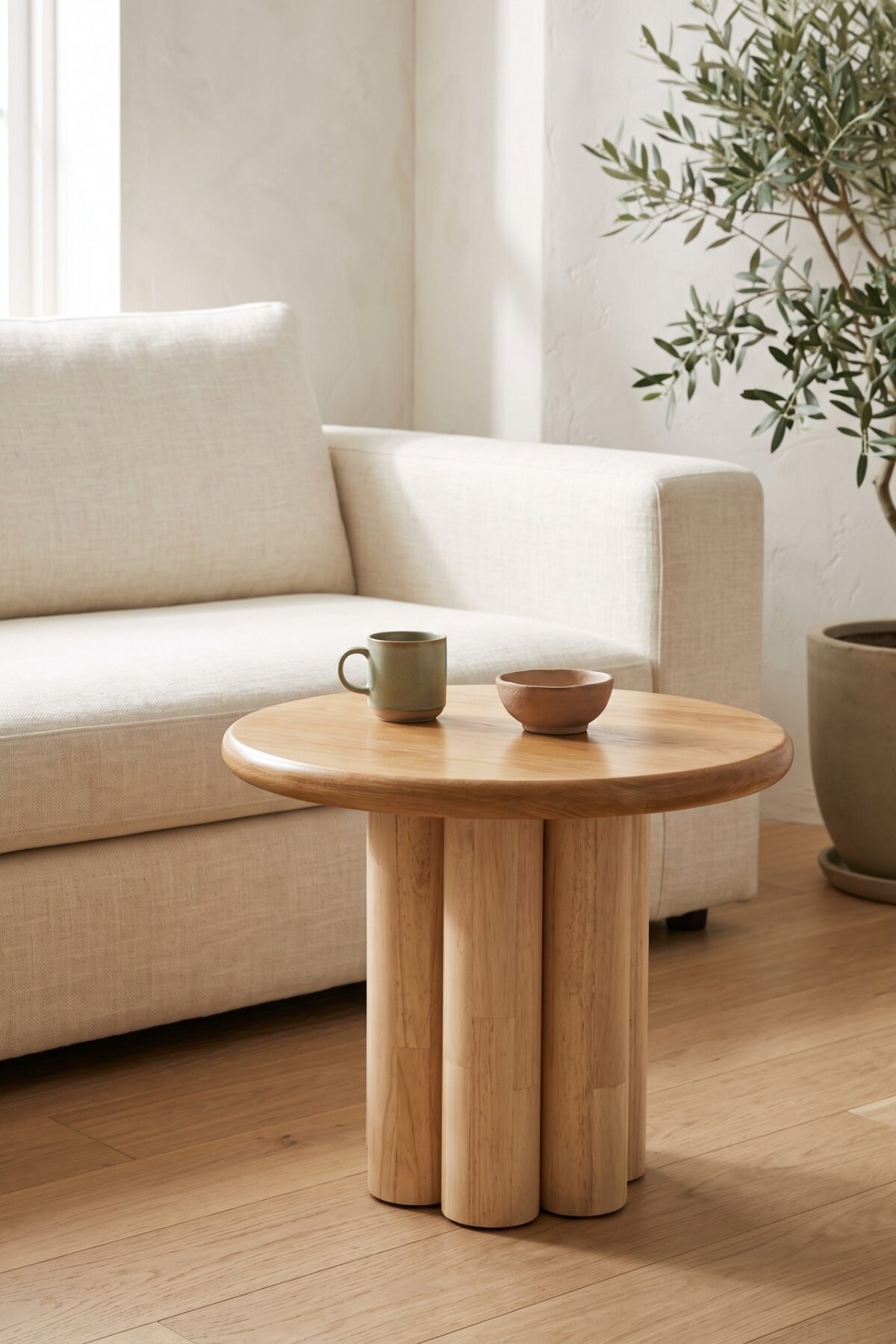 Tabouret IKEA transformé en table basse ronde en bois