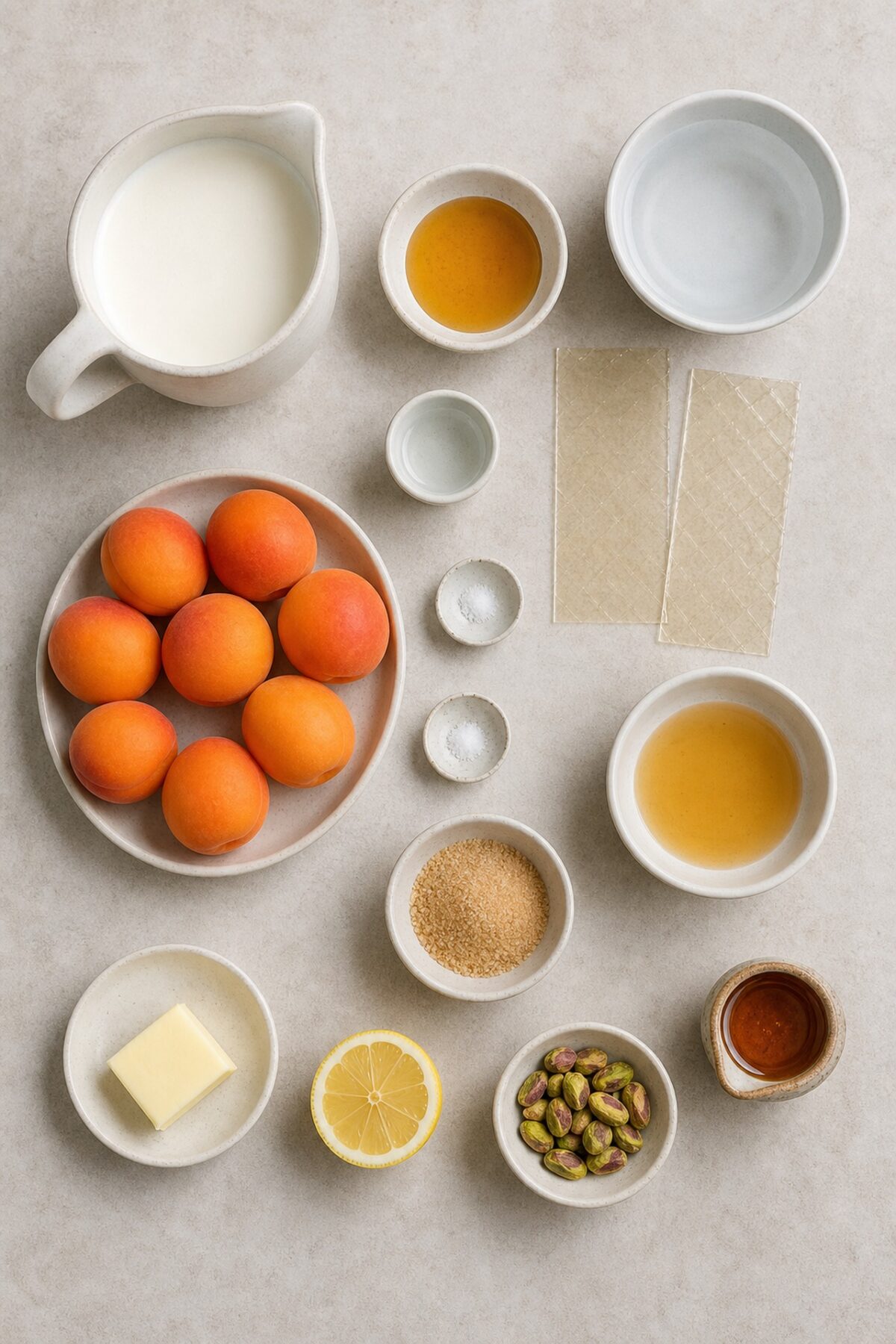 Crème, miel, gélatine, fleur d’oranger, huit abricots, beurre, citron, cassonade et pistaches pour la panna cotta