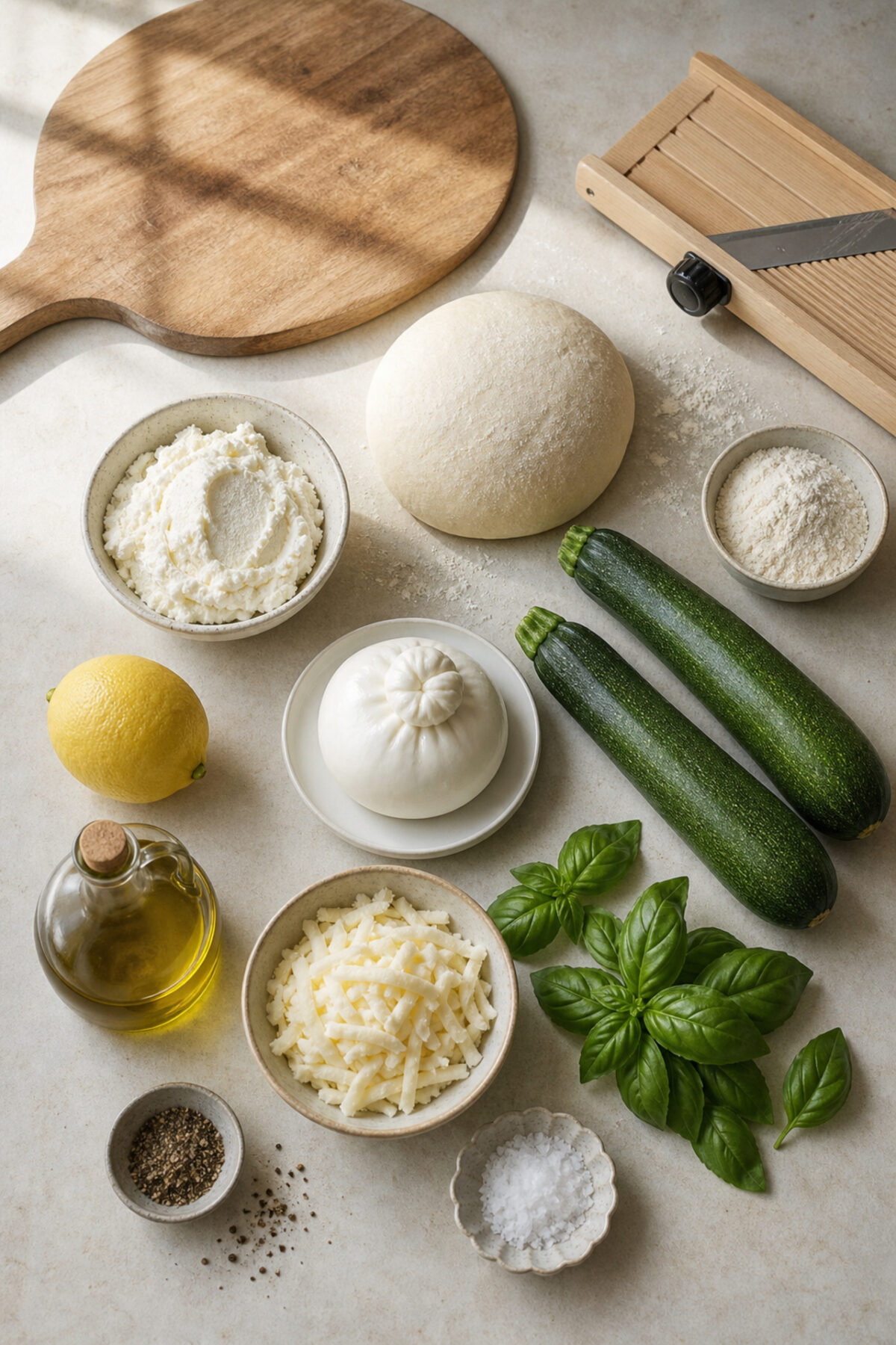 Ingrédients de la pizza blanche aux courgettes, burrata et citron disposés sur un plan de travail clair
