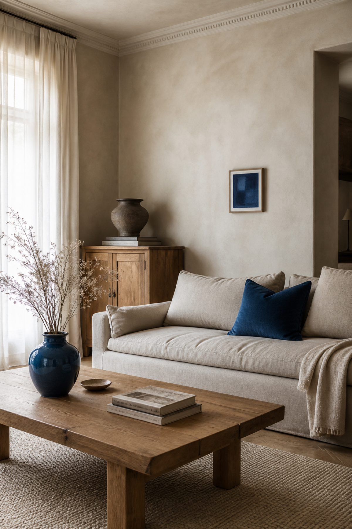 salon beige avec coussin bleu, vase bleu et tableau bleu répétés dans une décoration en bois naturel
