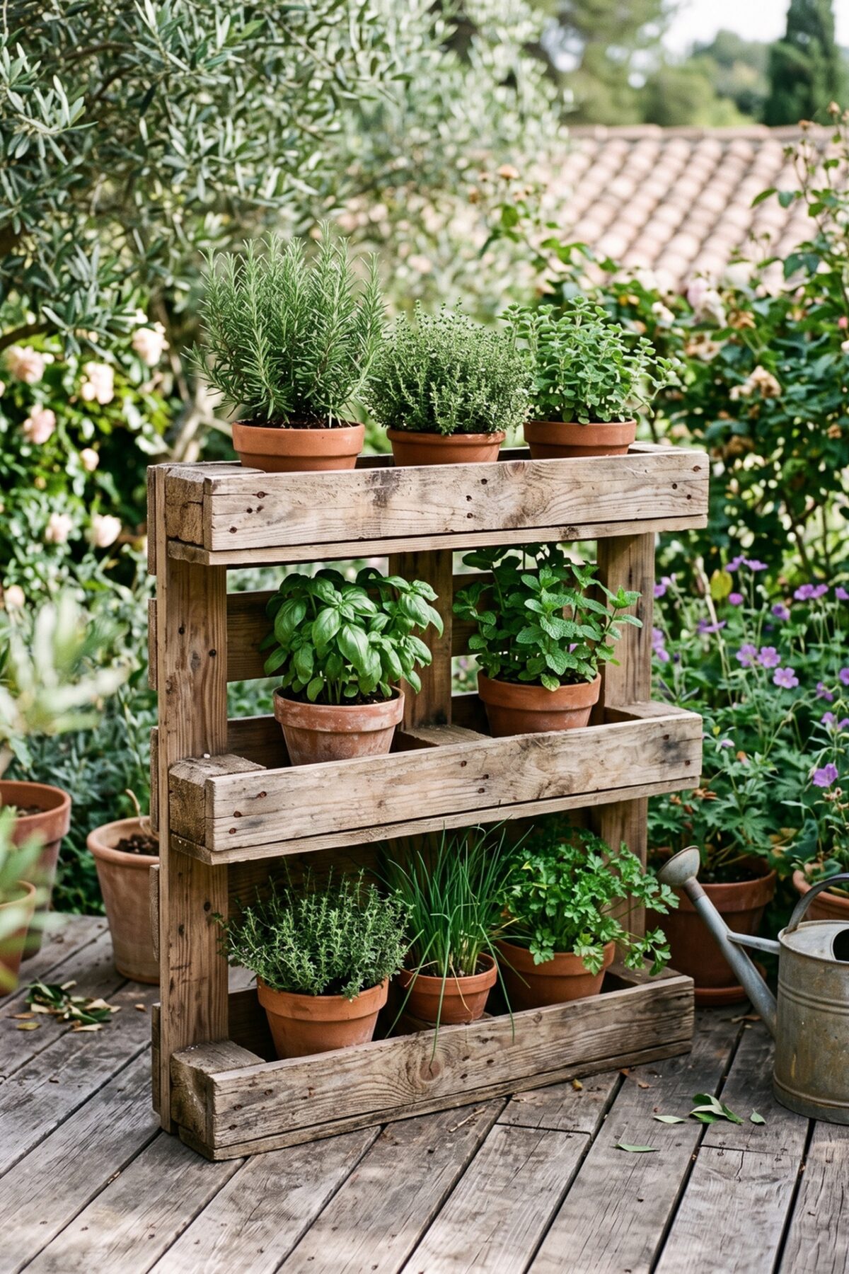 jardinière en palette avec pots de plantes aromatiques sur une terrasse