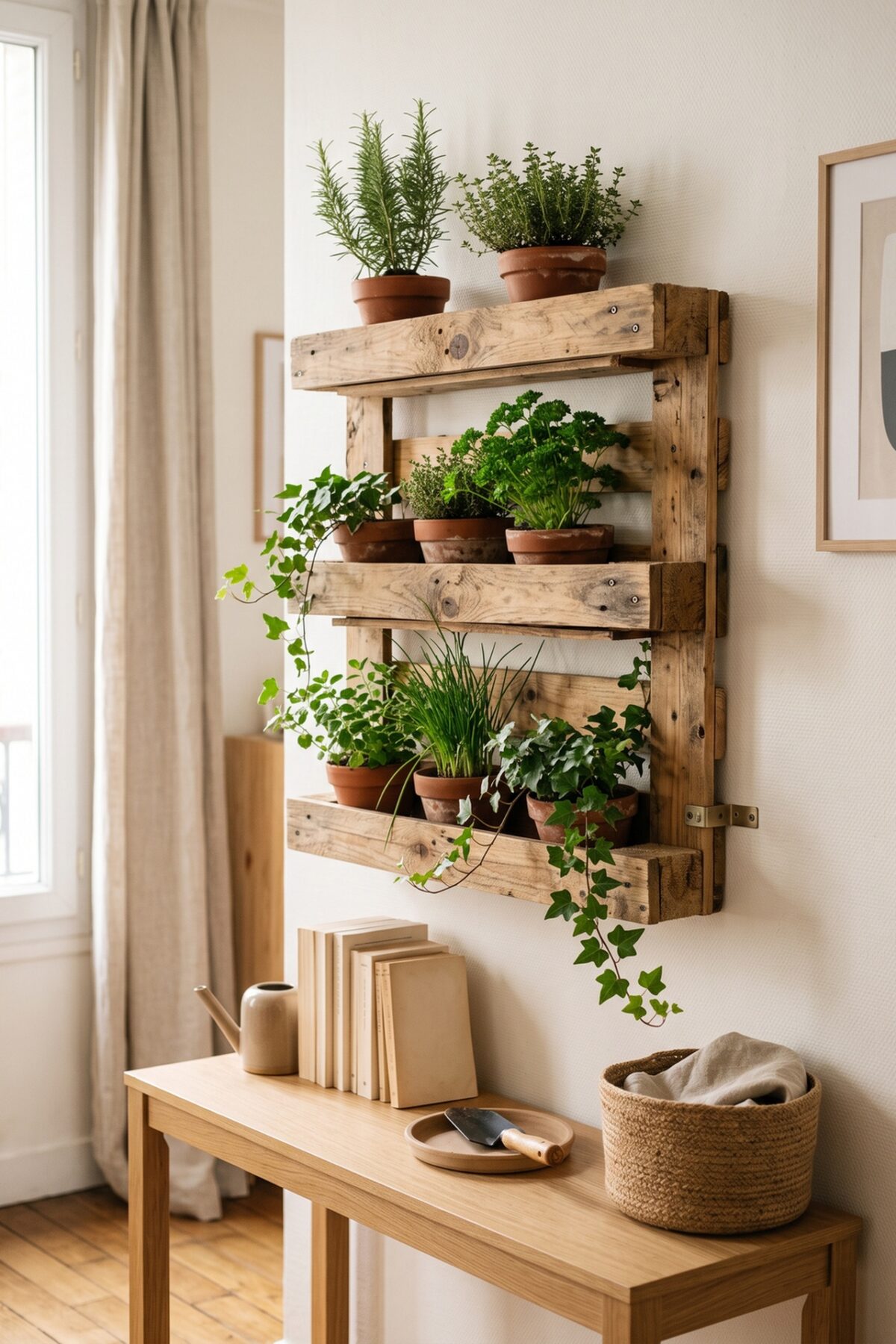 jardinière en palette suspendue avec plantes vertes
