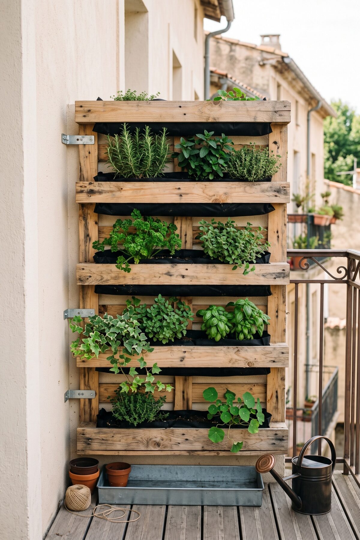jardinière verticale en palette sur un balcon