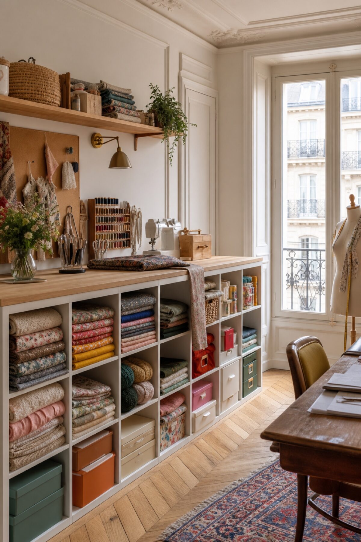 KALLAX transformée en meuble d’atelier avec tissus, fils, outils de couture et boîtes colorées