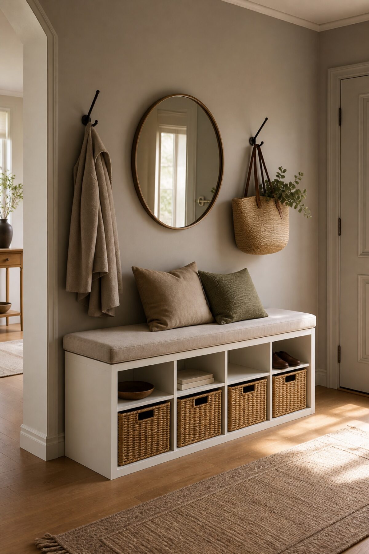 KALLAX blanche transformée en banquette d’entrée avec coussin en lin et paniers de rangement