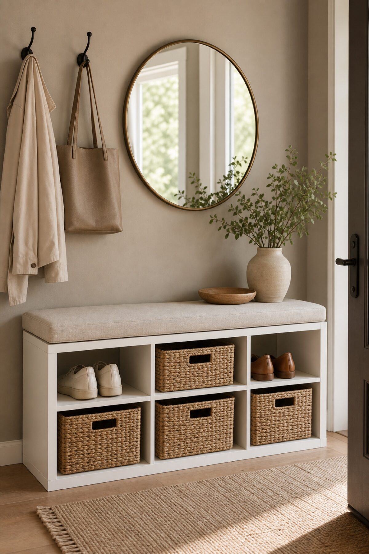 KALLAX transformée en meuble d’entrée avec coussin, paniers, miroir et patères