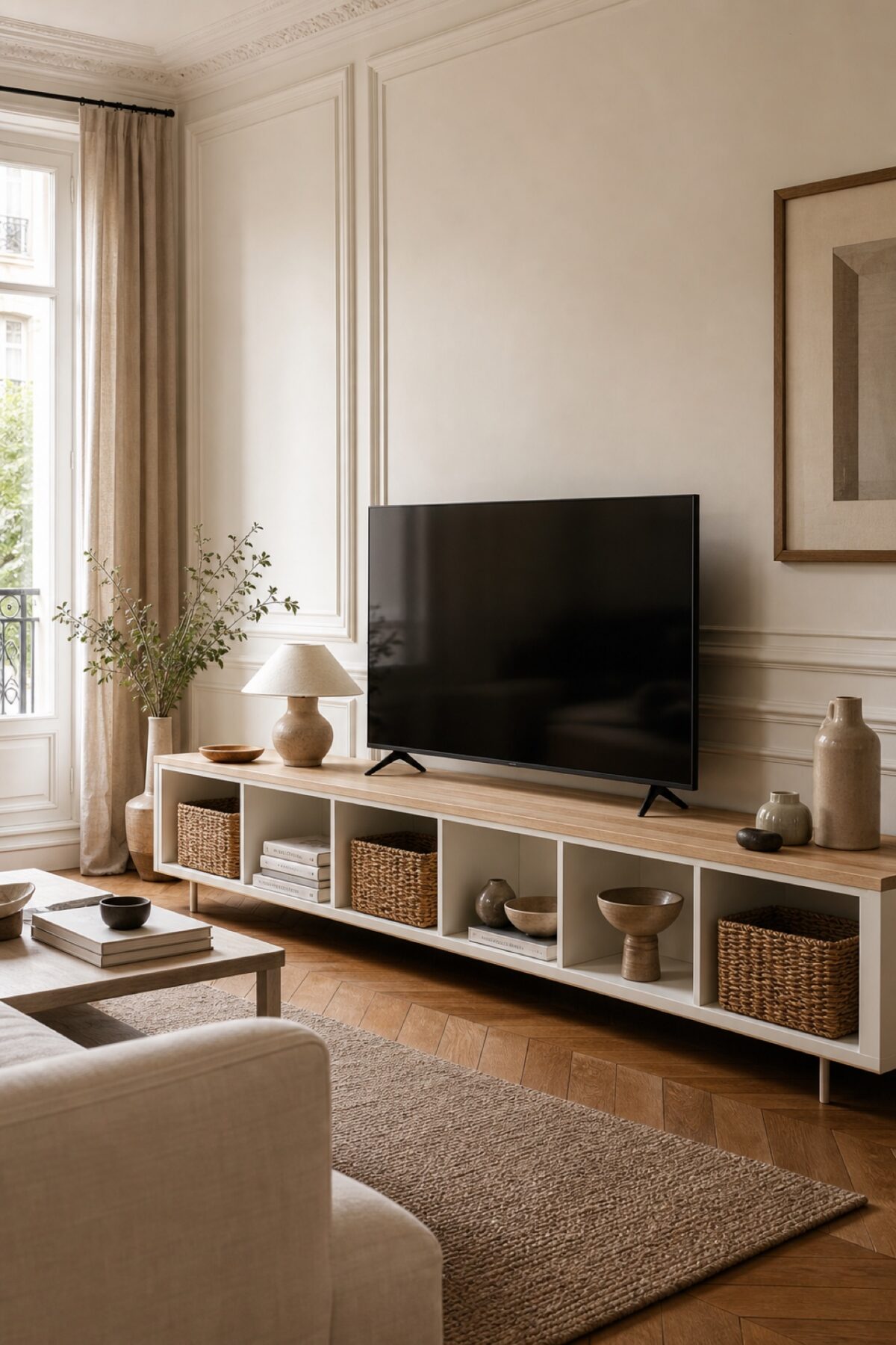 KALLAX blanche transformée en meuble TV avec plateau en bois clair dans un salon élégant