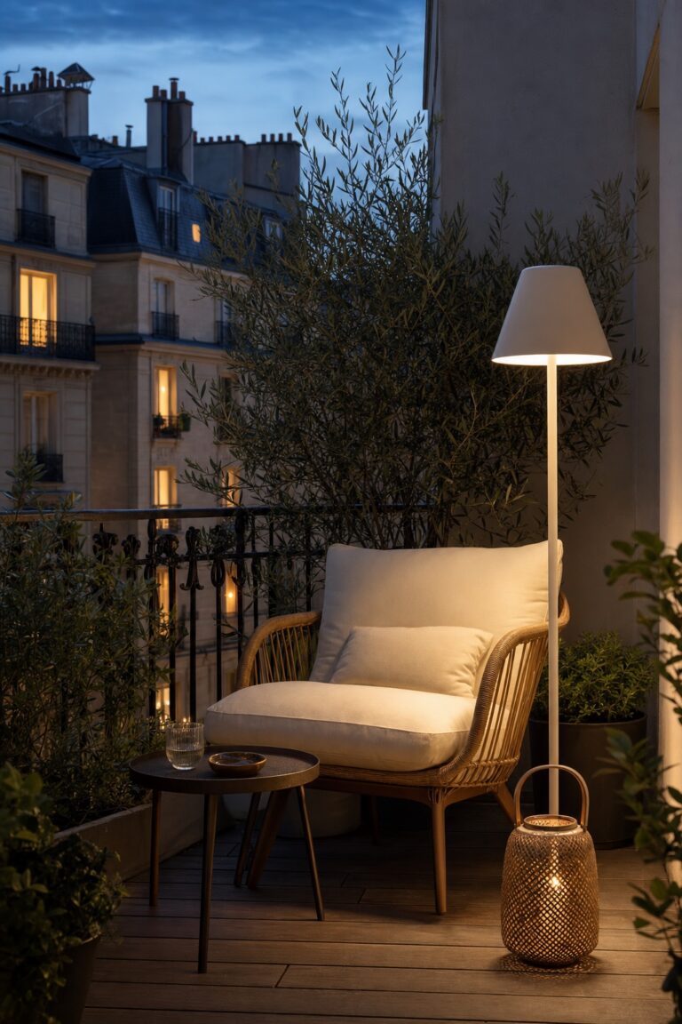 Coin lecture sur une terrasse avec fauteuil en rotin, lampadaire extérieur, lanterne et plantes hautes