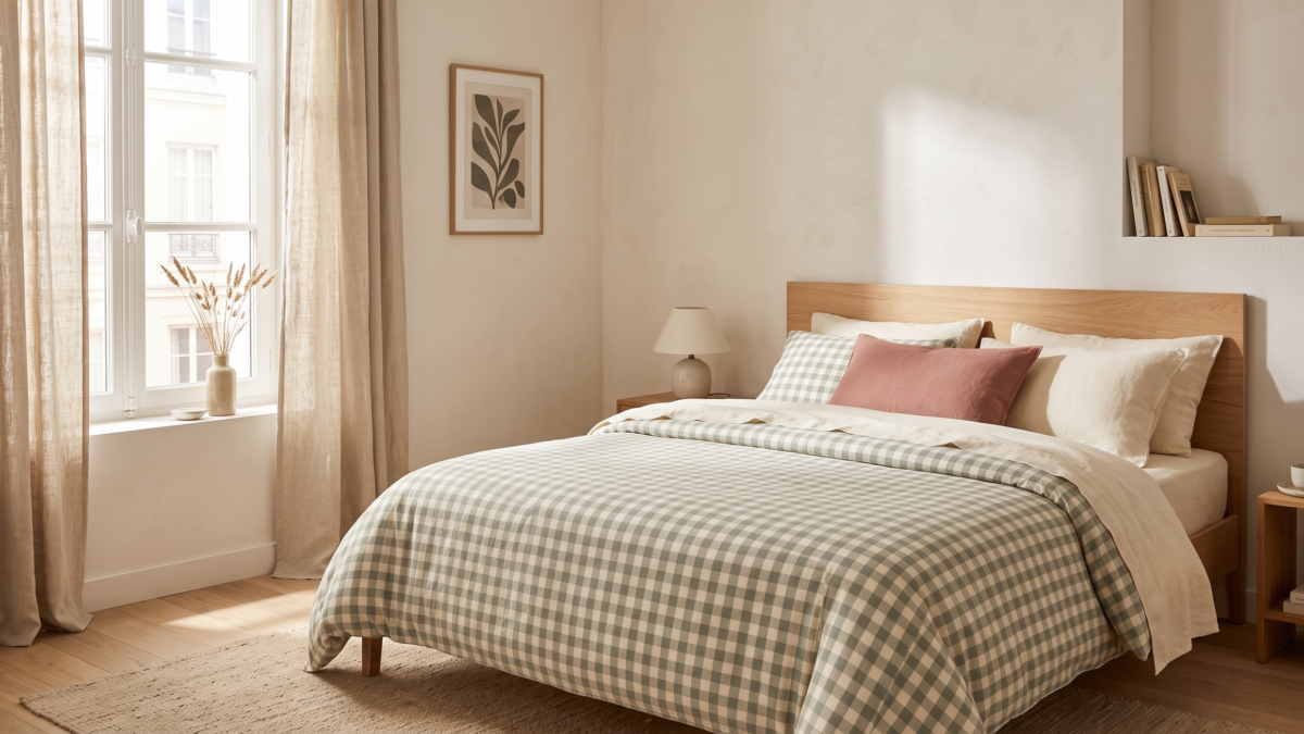 linge de lit vichy chambre lumineuse