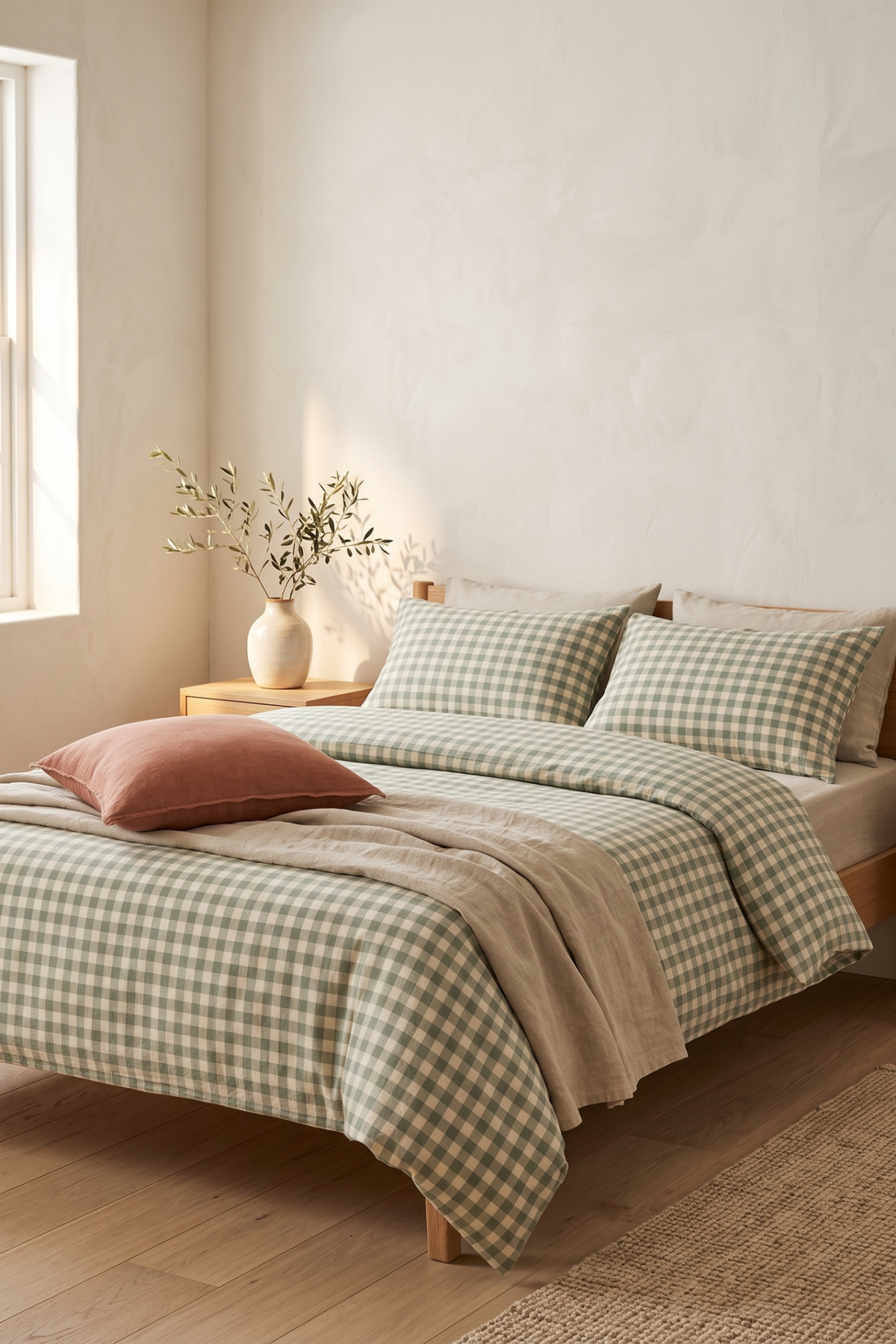 linge de lit vichy couleurs vert terracotta beige