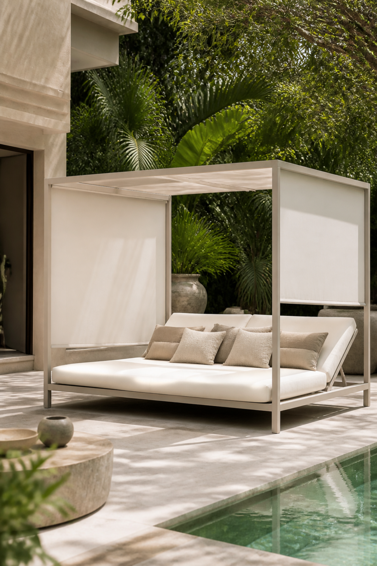 Lit balinais contemporain en aluminium avec stores blancs et matelas extérieur
