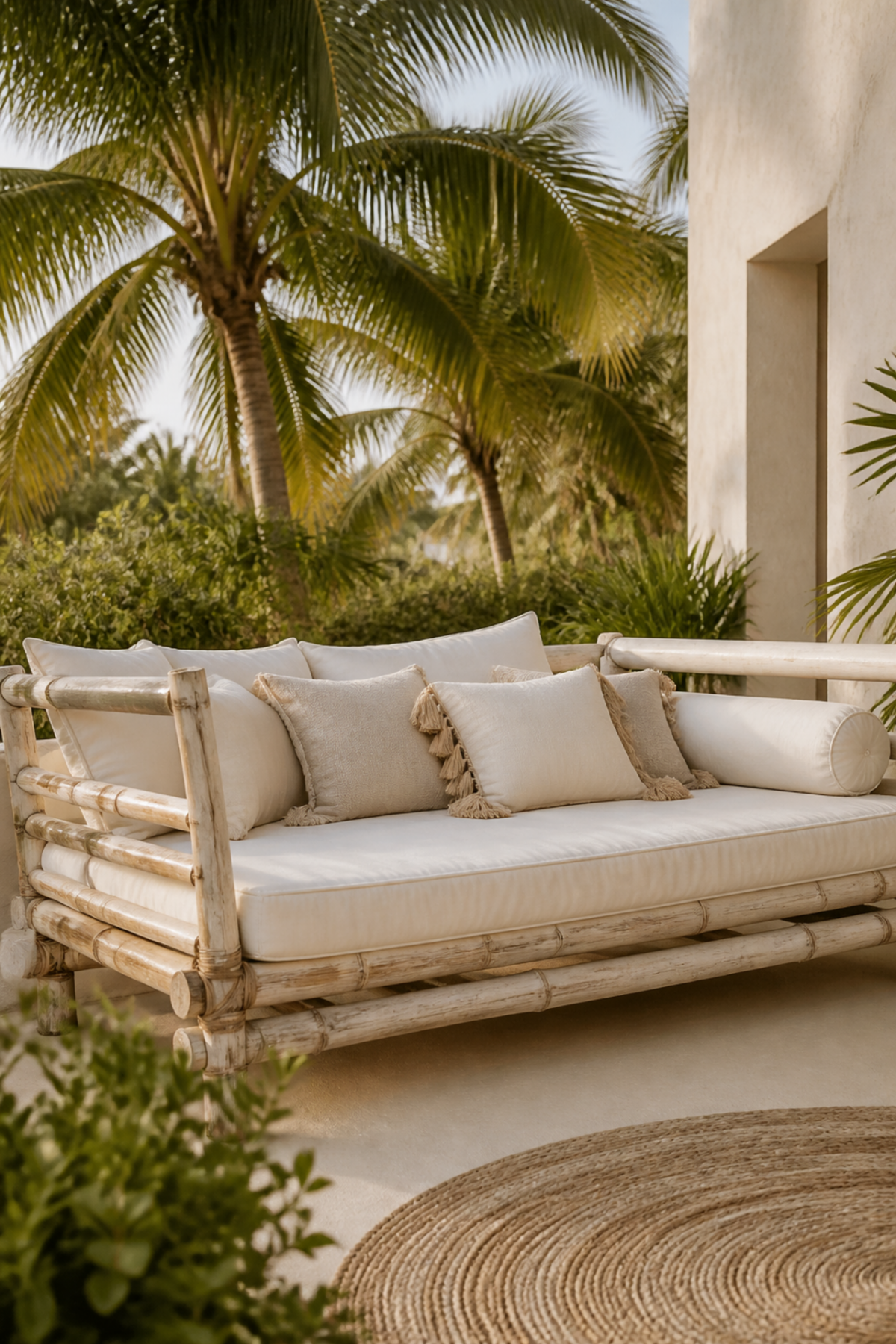 Lit balinais en bambou naturel avec coussins écrus dans une terrasse tropicale