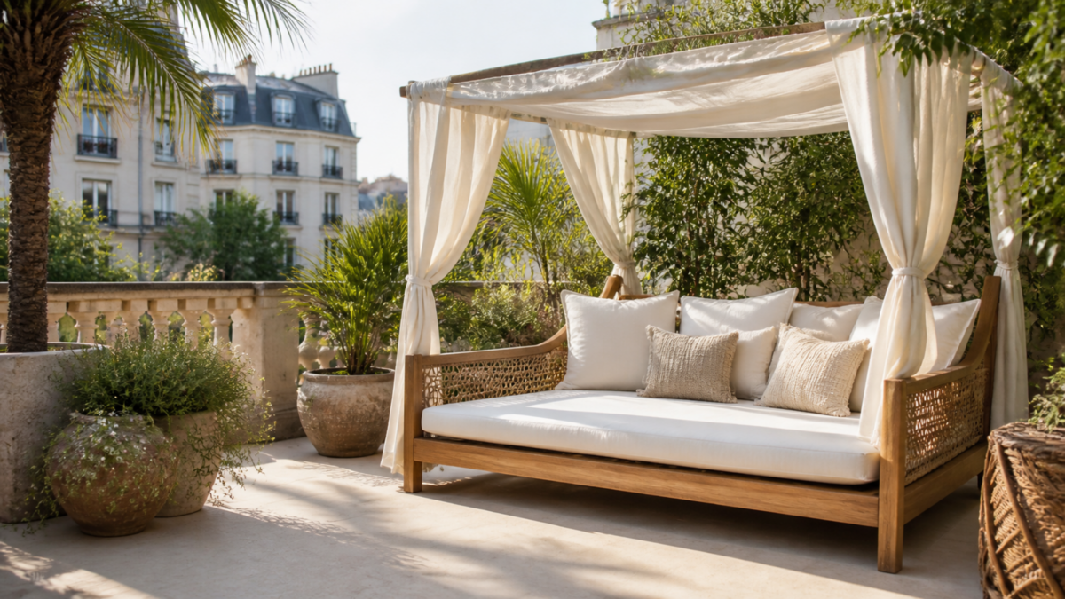 Lit balinais d’extérieur en bois avec toile écrue dans un jardin terrasse élégant