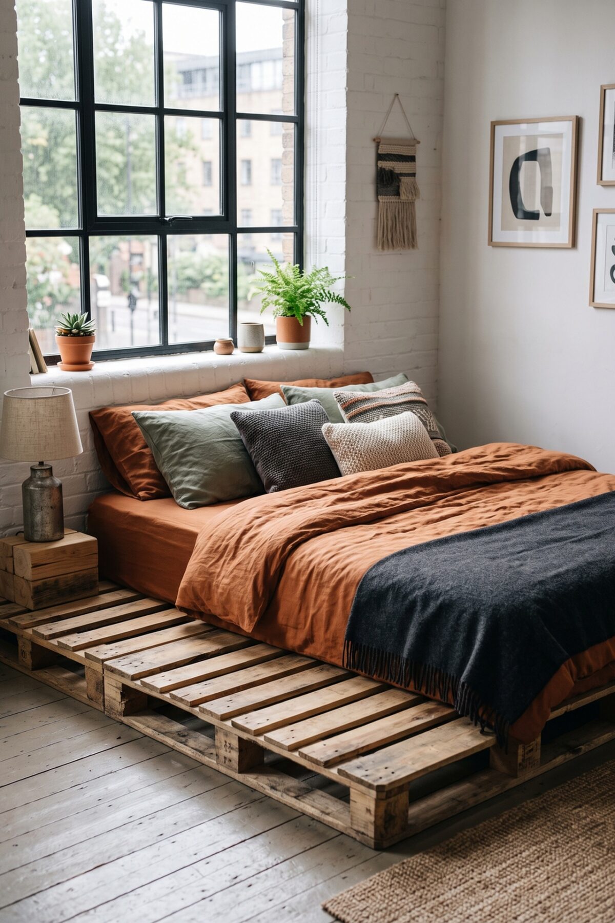 lit en palettes dans une chambre colorée avec grande fenêtre