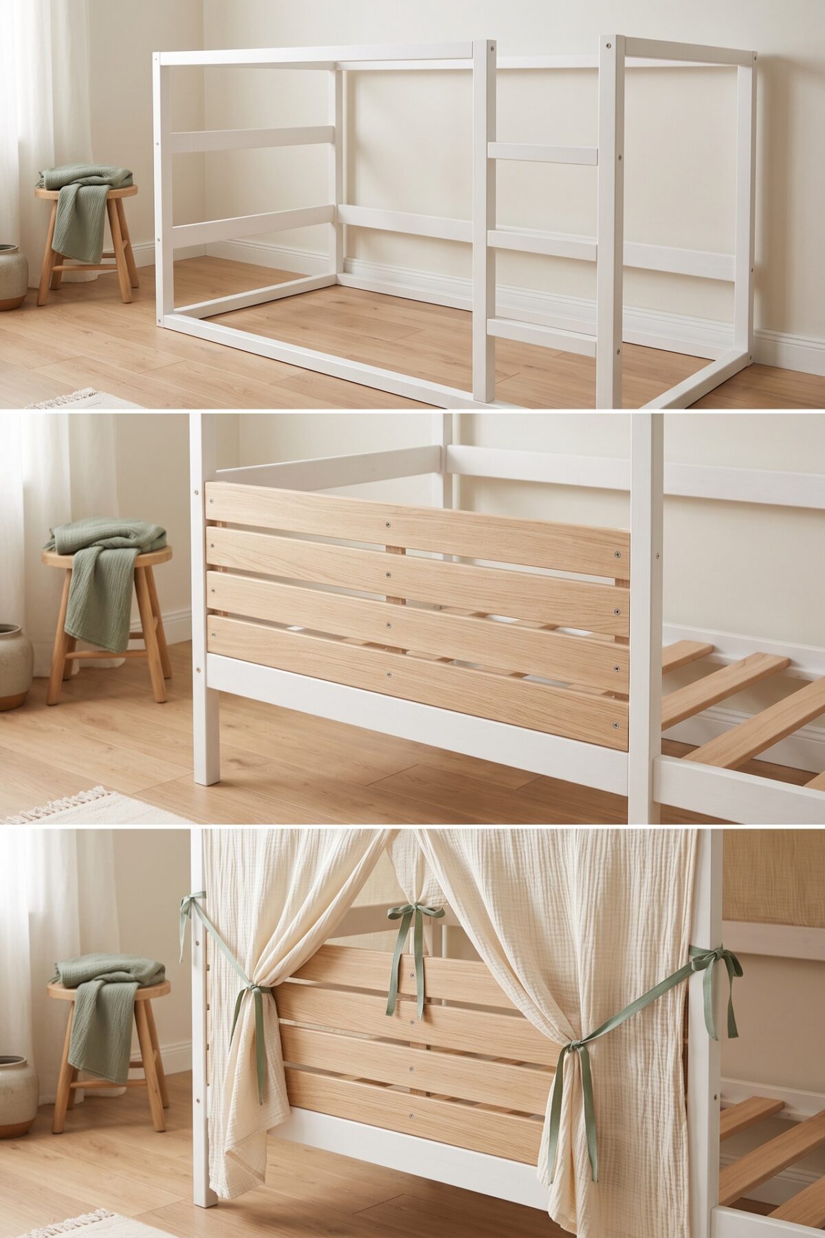 Tutoriel visuel pour transformer un lit KURA en cabane avec tasseaux et gaze crème