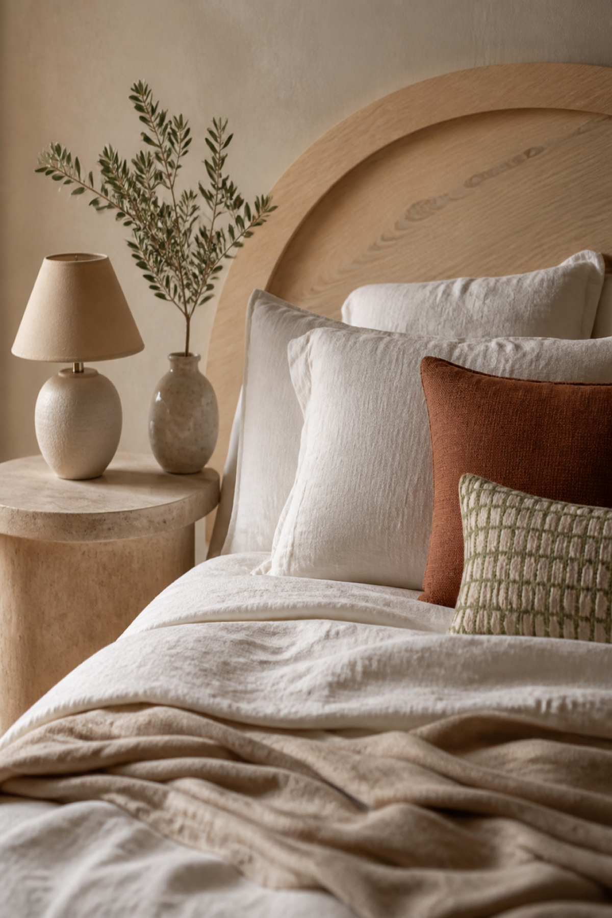 Lit en lin écru avec tête de lit en bois courbé, coussins terracotta et feuillage