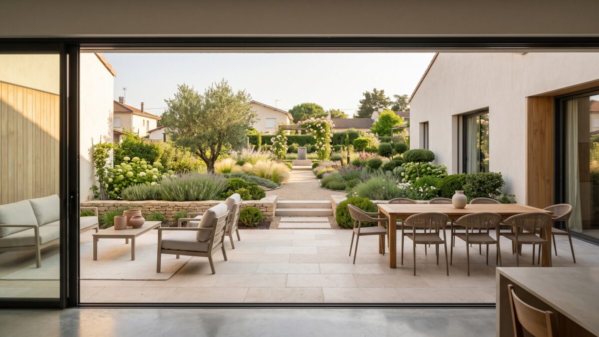 Terrasse contemporaine et jardin aménagés avec un logiciel d’aménagement paysager