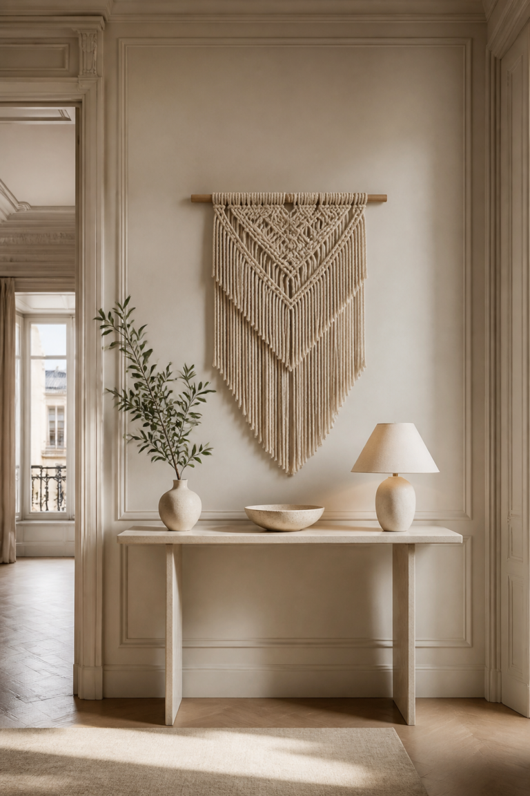 Tenture murale en macramé au-dessus d’une console claire dans une entrée parisienne élégante