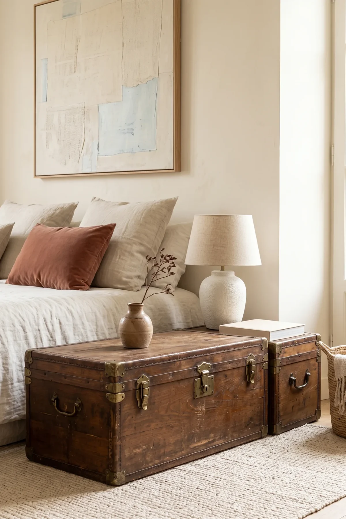Malle vintage utilisée comme table de nuit