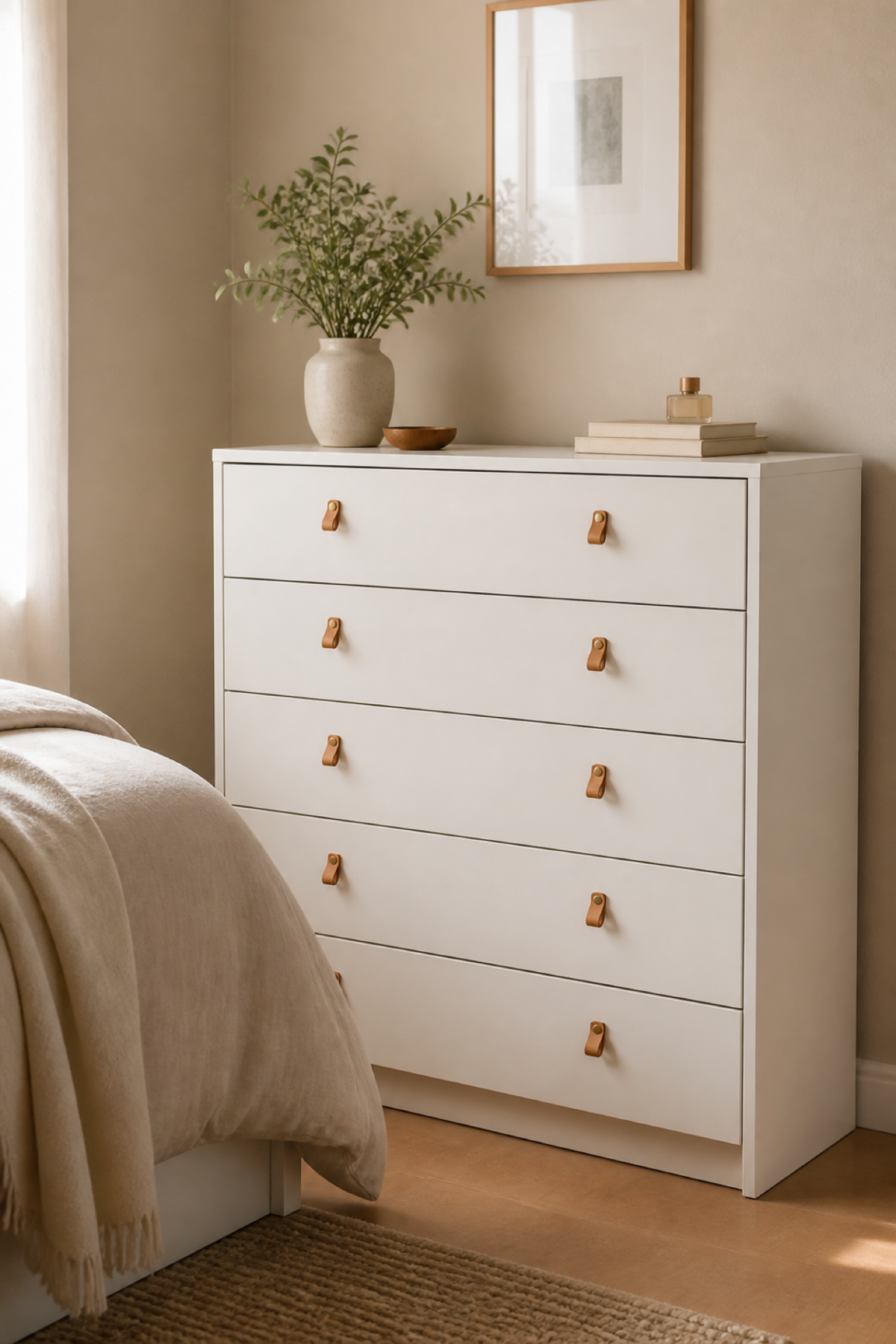 Commode MALM blanche avec petites poignées en lanière de cuir dans une chambre aux matières naturelles.