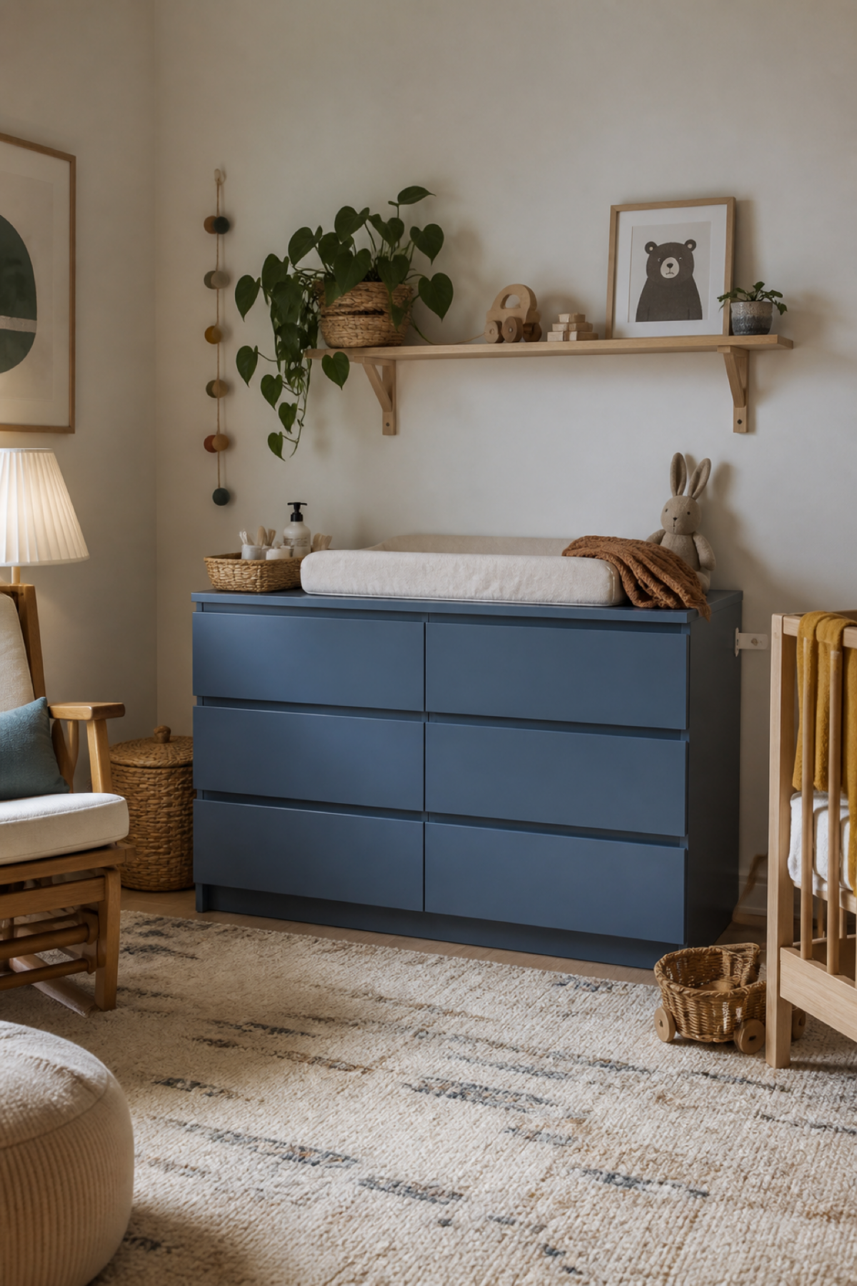 Commode MALM bleu poudré utilisée comme rangement dans une chambre d’enfant, fixée au mur et entourée de paniers.