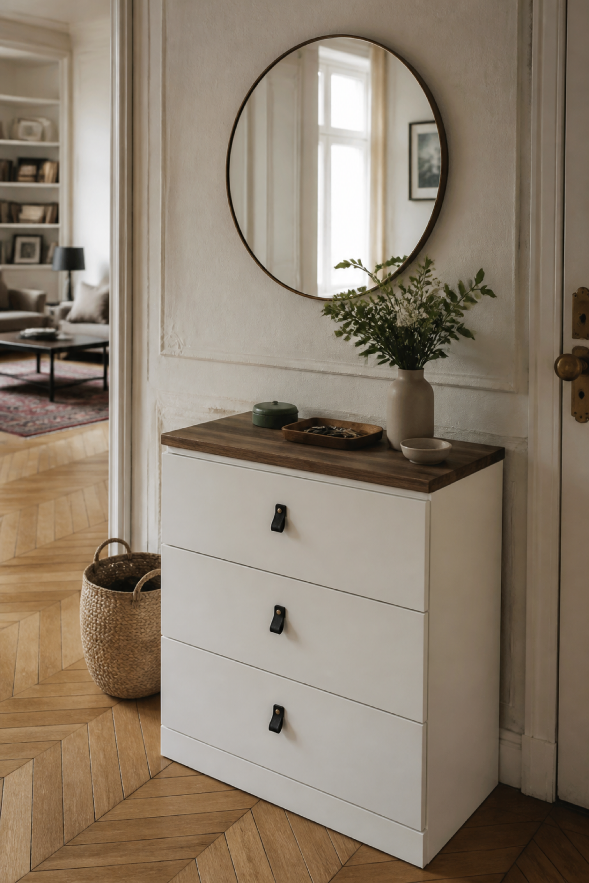 Petite commode MALM transformée en meuble d’entrée avec plateau noyer, poignées en cuir noir et miroir rond.
