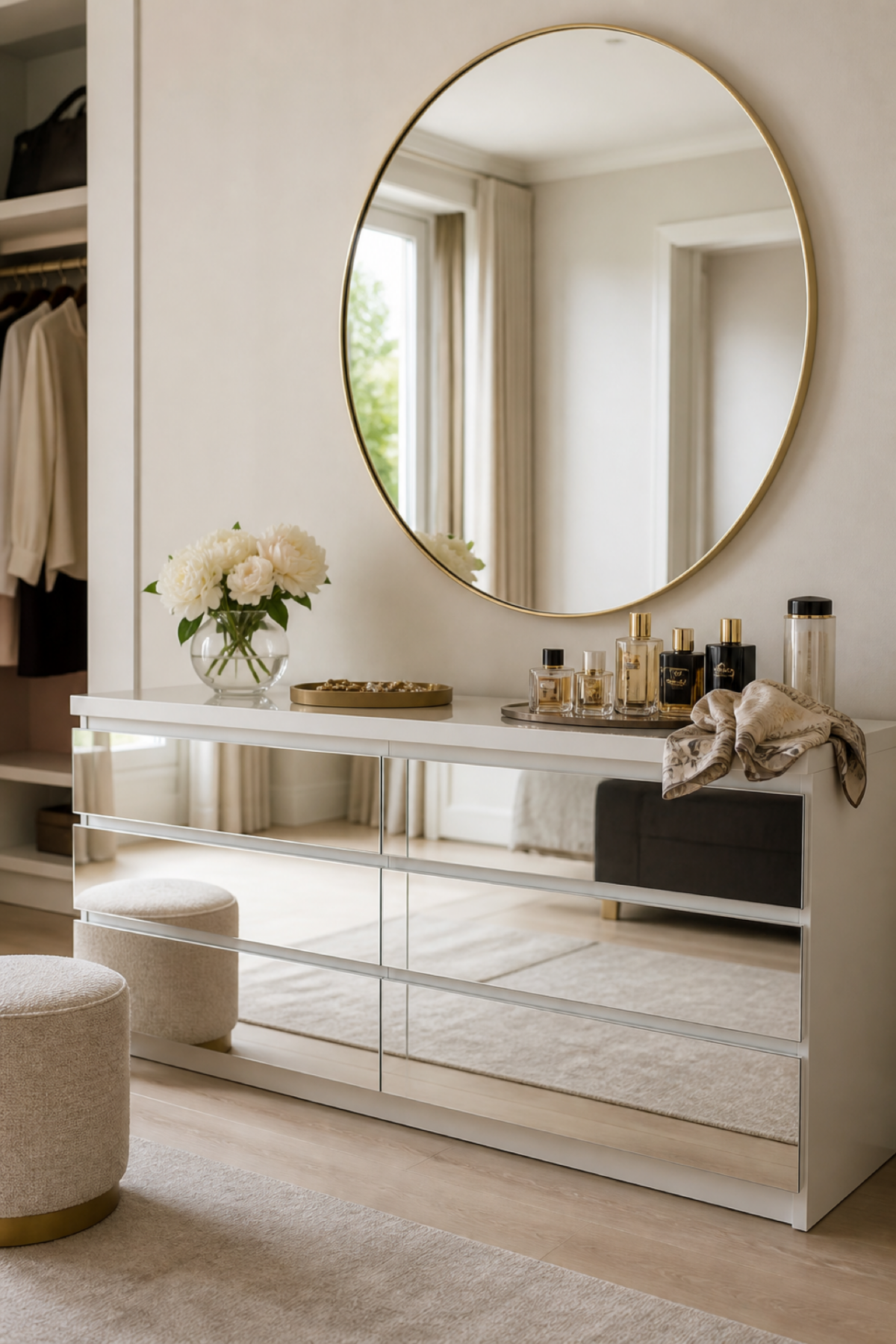 Commode MALM blanche avec façades recouvertes d’un adhésif effet miroir dans un coin dressing élégant.