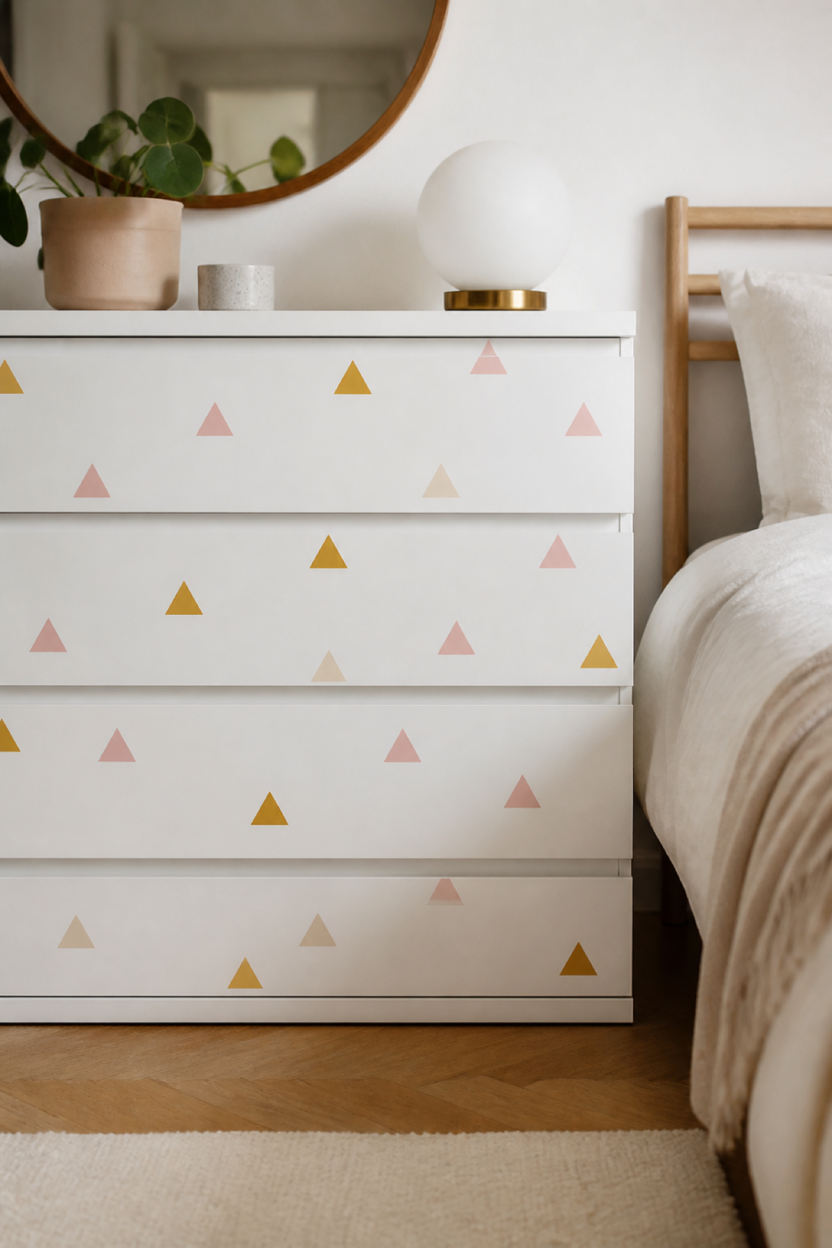 Commode MALM blanche décorée de triangles adhésifs géométriques couleur moutarde, rose poudré et crème.