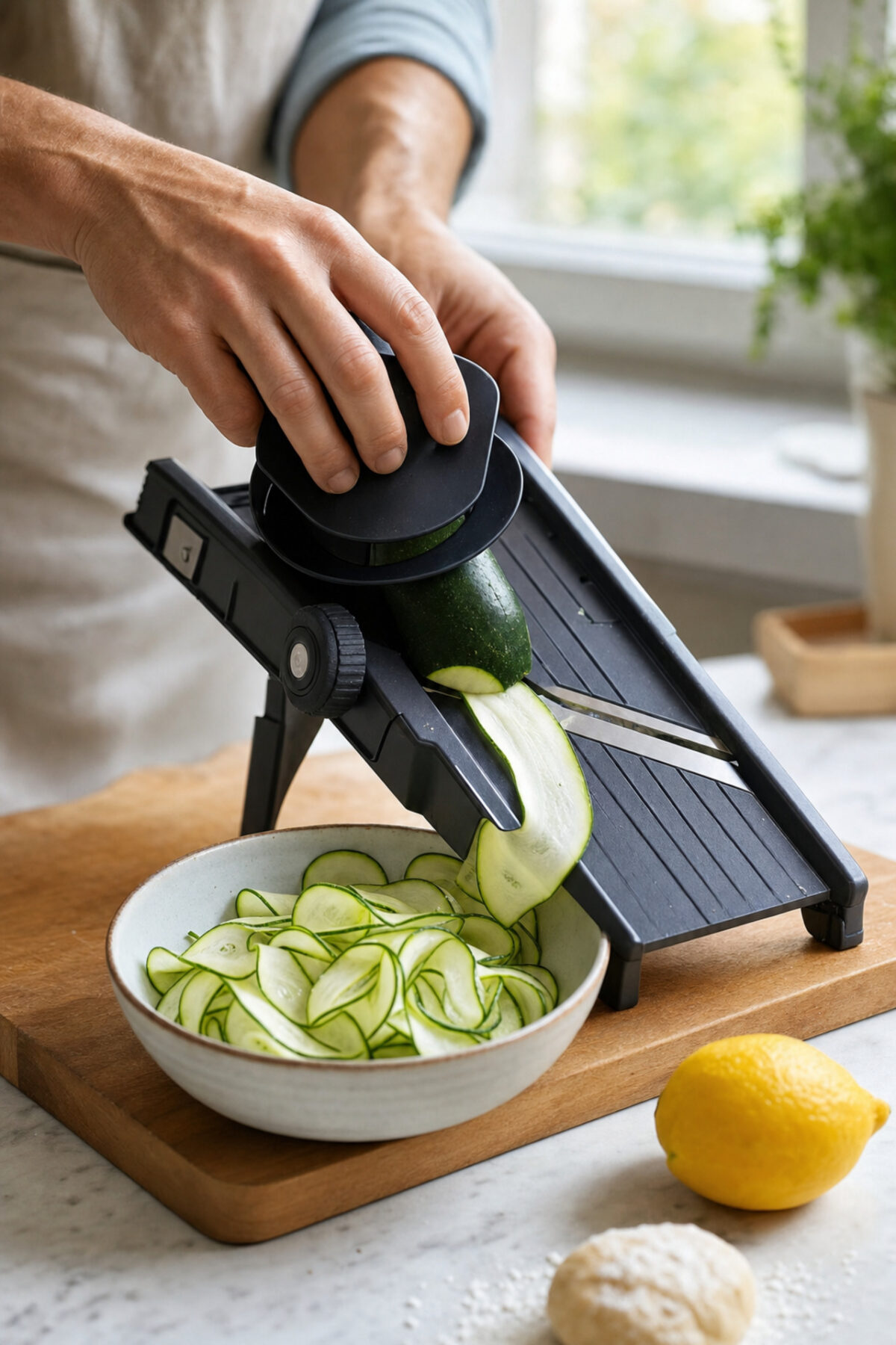 Courgette coupée à la mandoline avec protège-doigts pour obtenir des rubans de 1,5 mm