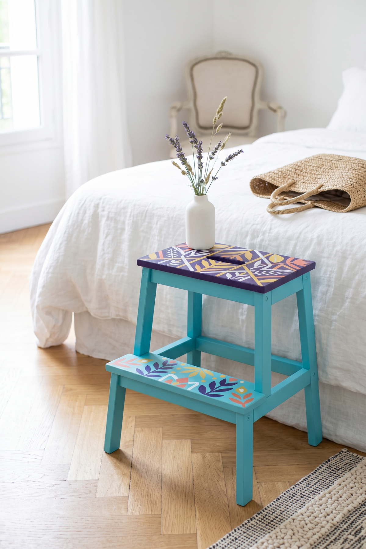 Marche-pied utilisé comme meuble de chambre avec des couleurs estivales bleu, violet et jaune