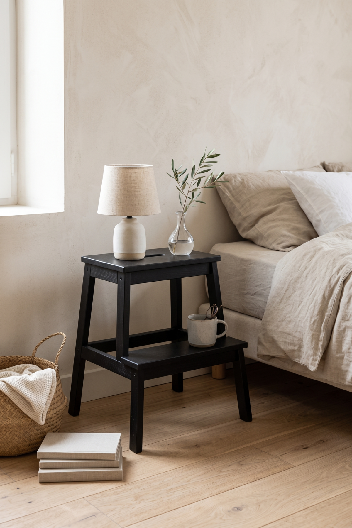 Marche-pied BEKVÄM noir utilisé comme table de chevet dans une chambre casual
