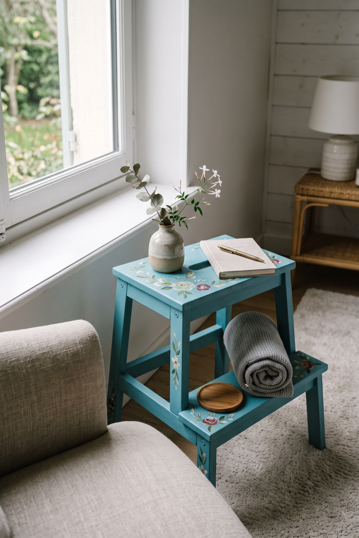 Marche-pied en bois bleu turquoise avec motifs fleuris dans une chambre lumineuse