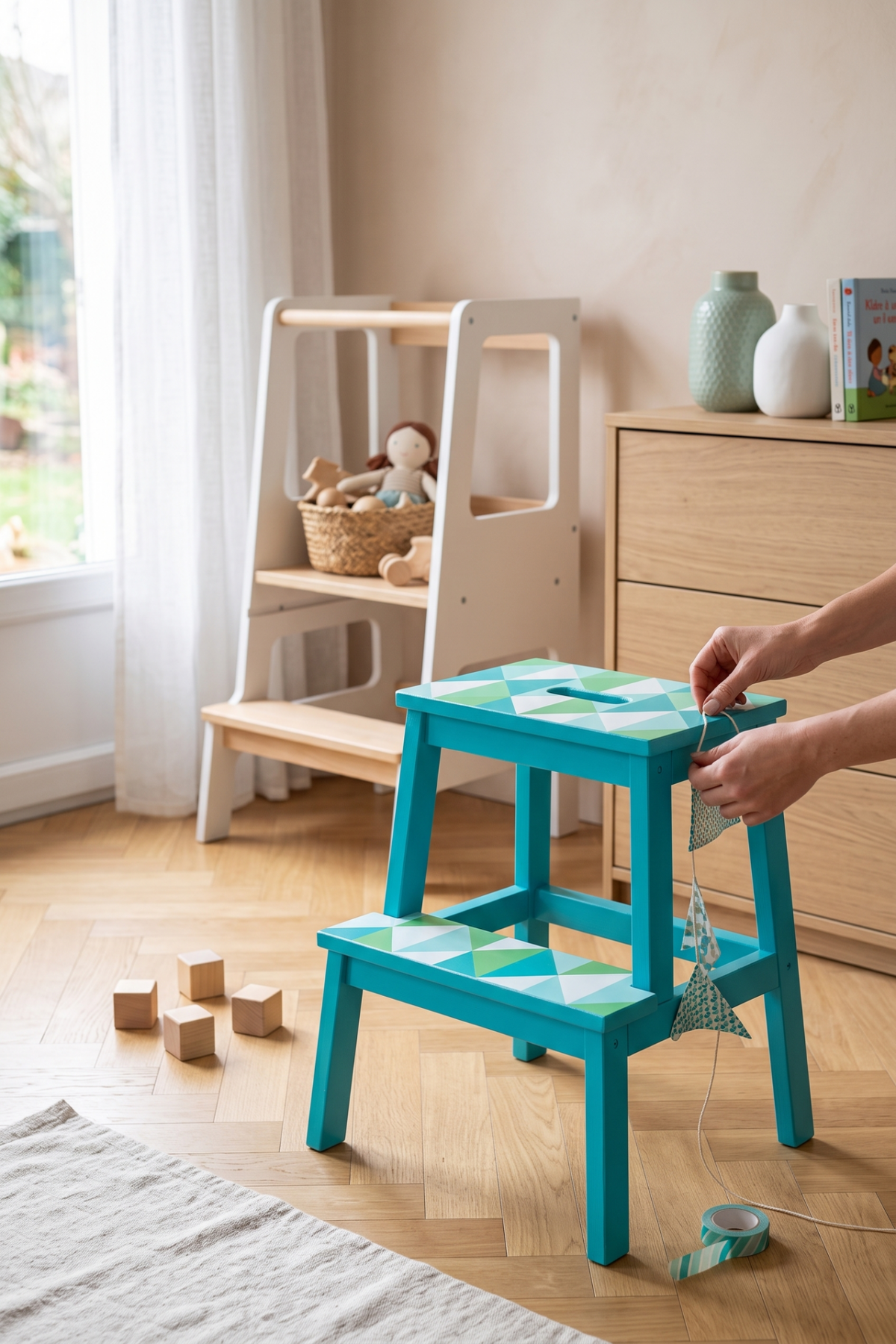 Table de chevet réalisée avec un marche-pied en bois bleu, turquoise, vert et blanc