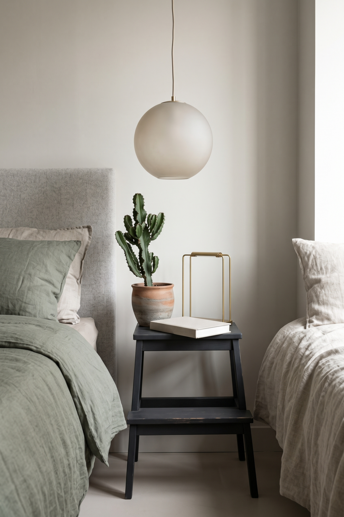 Marche-pied noir utilisé comme table de chevet avec cactus, livre et lampe suspendue