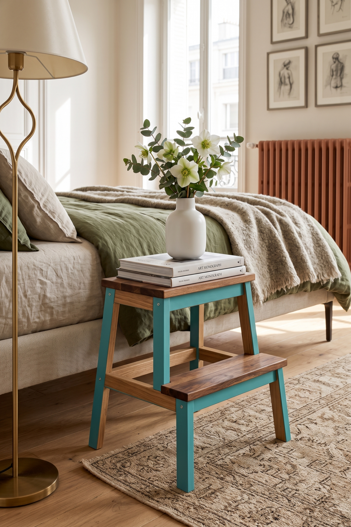 Marche-pied BEKVÄM utilisé comme table de chevet en bois avec masking tape bleu turquoise