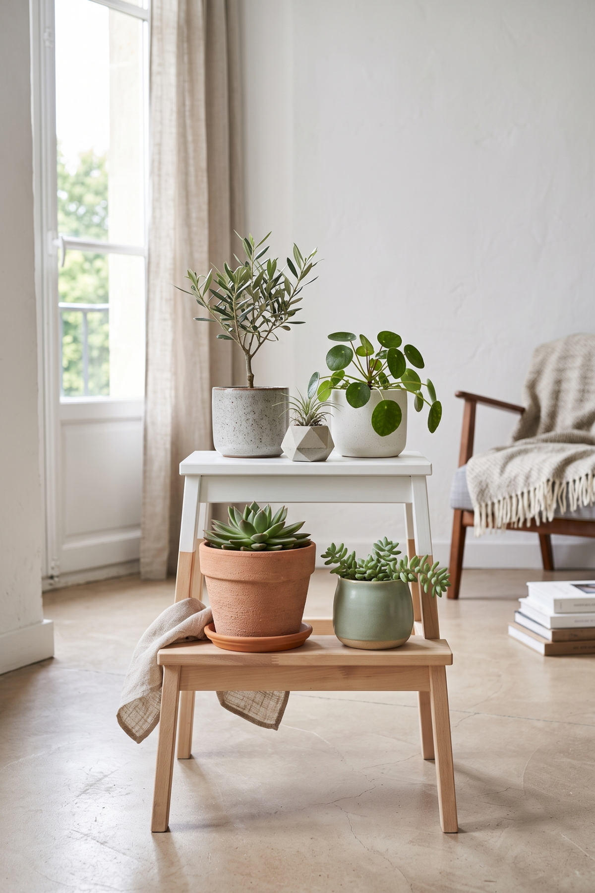Marche-pied BEKVÄM bicolore utilisé comme étagère pour plantes dans un intérieur scandinave